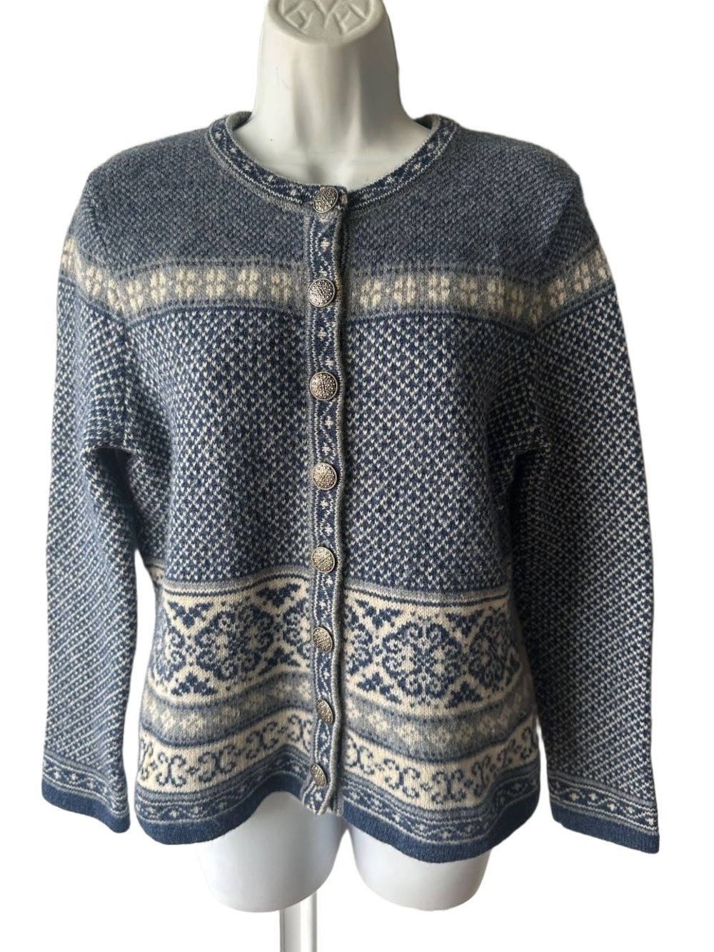 Cambridge Blue White Nordic Fair Isle Wool Cardigan Metal Buttons Sweater S